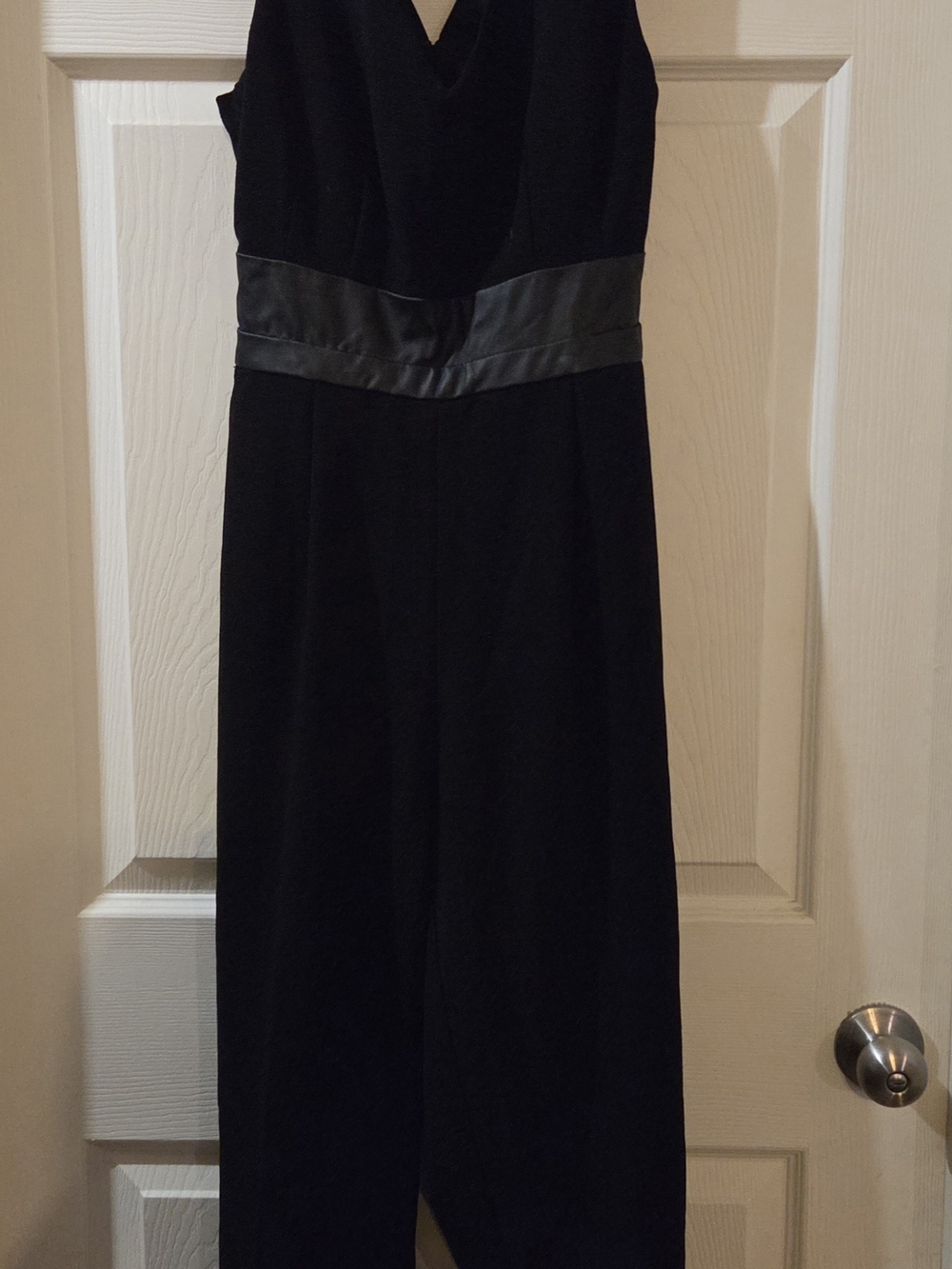 Classic Black Sleeveless Jumpsuit with Faux-Leather Waist